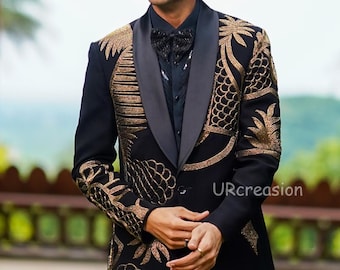 Traje de esmoquin negro para hombre, bordado dorado hecho a mano, con pantalón, para graduación, novio, fiesta