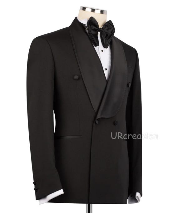 Black Double Breasted Tuxedo Suit Men, Satin Lapel, With Black Trouser, for Prom, Party