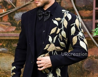 Traje de esmoquin negro para hombre, bordado artesanal con hojas doradas, con pantalón, para graduación, novio y fiesta.