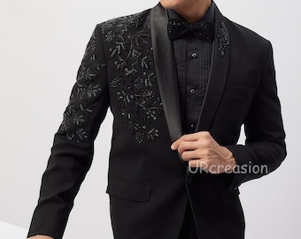Abito da uomo nero scintillante, taglio brillante, da lavoro Dana, con pantaloni, per ballo di fine anno, sposo