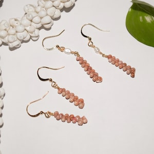 Può includere: Orecchini color oro con perline rosa e bianche. Gli orecchini hanno una chiusura a gancio e un design pendente. Le perline sono disposte in modo lineare, creando un aspetto delicato ed elegante. Gli orecchini sono esposti su una superficie bianca.