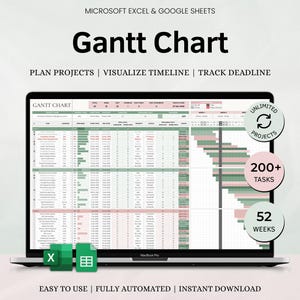 Puede incluir: Un MacBook Pro muestra un diagrama de Gantt, con el texto "Gantt Chart" en la parte superior. El gráfico es verde y rosa, con las palabras "Plan Projects | Visualize Timeline | Track Deadline" debajo. El texto adicional incluye "Unlimited Projects", "200+ Tasks" y "52 Weeks".