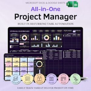 May include: A digital project management tool displayed on a laptop, tablet, and smartphone. The interface features dashboards, calendars, and task management tools. The image includes the text "All-in-One Project Manager" and icons for various project management methods.