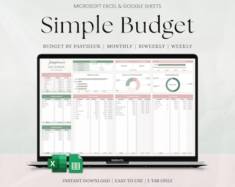 May include: A laptop displays a spreadsheet titled "Simple Budget" with sections for budget by paycheck, monthly, biweekly, and weekly. The screen shows data tables with pink and green accents. The text "Instant Download" is visible.