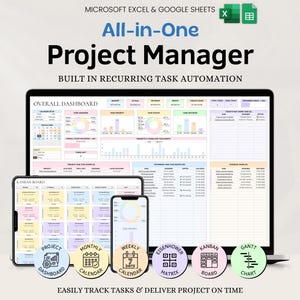 May include: A digital project management tool displayed on a laptop, tablet, and smartphone. The interface includes dashboards, calendars, and charts. The text reads "All-in-One Project Manager" and "Easily track tasks & deliver project on time."