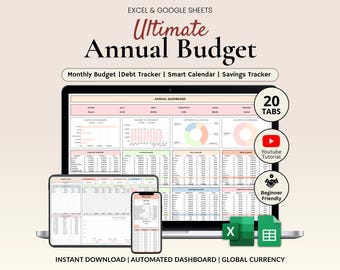 May include: A digital financial planning tool displayed on a laptop, tablet, and smartphone. The image shows a spreadsheet with the text "Ultimate Annual Budget". Additional text includes "Monthly Budget", "Debt Tracker", and "Savings Tracker". The image also includes the text "Instant Download".
