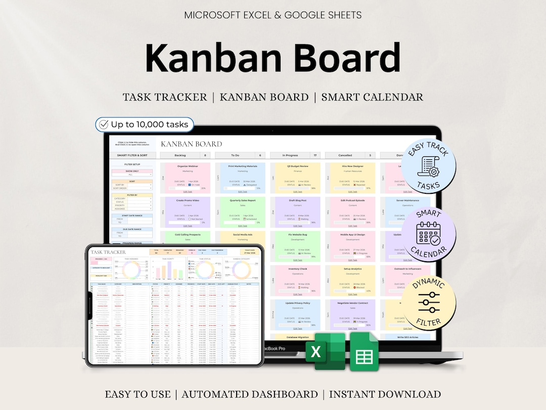 Kanban Board W/ Task Tracker Spreadsheet for Small Business Project ...