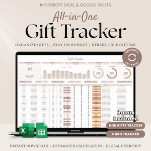 May include: A laptop screen displays a gift tracker spreadsheet with the text "All-in-One Gift Tracker." The screen shows data visualizations and charts. The image includes the Microsoft Excel and Google Sheets logos, and the words "Instant Download" and "Automated Calculation."