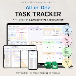 May include: A digital task tracker displayed on a laptop, tablet, and smartphone. The screen shows a dashboard with charts and tables. The text "All-in-One TASK TRACKER" is prominently displayed, along with "EASY TO USE | 11 TABS | INSTANT DOWNLOAD".