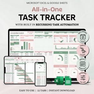 May include: A digital task tracker displayed on a laptop, tablet, and smartphone. The interface features charts, graphs, and the text "TASK TRACKER." Additional text includes "MICROSOFT EXCEL & GOOGLE SHEETS" and "EASY TO USE | 11 TABS | INSTANT DOWNLOAD."
