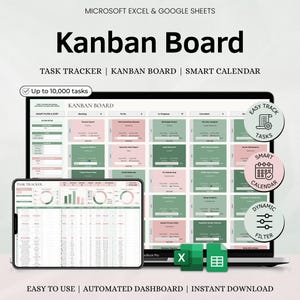 Könnte beinhalten: Digitales Kanban Board auf Laptop und Tablet, zur Aufgabenverwaltung. Das Design zeigt grüne und rosa Farbfelder mit dem Text "Kanban Board". Das Bild hebt Funktionen wie einen intelligenten Kalender und dynamische Filter hervor.