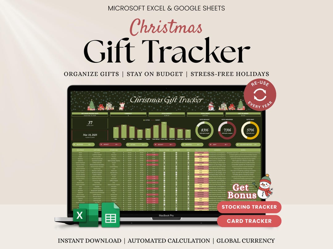 Christmas Gift Tracker Spreadsheet Excel Google Sheets Holiday Budget ...
