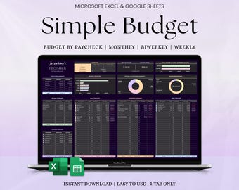 May include: A laptop screen shows a digital budget template labelled "Simple Budget", designed for Microsoft Excel and Google Sheets. The template includes sections for income, expenses, and savings. The text "Instant Download" and "Easy to Use" is also visible.