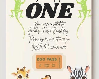 Convites para festa de aniversário de um ano com tema "Wild One" (Selvagem) com modelo editável - tema animais/zoológico