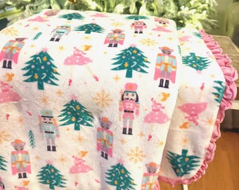 Soft Pink Nutcracker Fleece Blanket with Ruffle Trim – 42”x36” Holiday Throw | Coordinates with Mommy + Me Pajamas