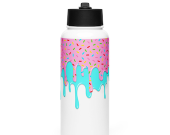 Botella de agua con goteo de helado Baseball Swag: acero inoxidable, aislada, con chispas rosas y goteo azul.