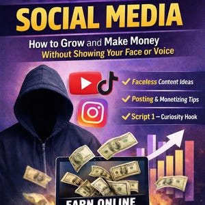 以下が含まれることがあります： 白と黄色の文字で「FACELESS SOCIAL MEDIA」と書かれたプロモーション用グラフィック。フード付きの人物、ソーシャルメディアのロゴ、お金の入ったノートパソコン、そして「オンラインで匿名で稼ぐ！」と「顔や声を出さずに成長してお金を稼ぐ方法」というテキストが含まれています。