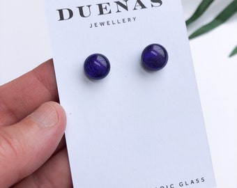 Purple dichroic glass stud earrings, on sterling silver - Fused dichroic glass