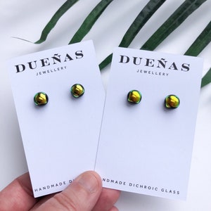 Golden Dichroic (super shiny) stud earrings, on sterling silver - Fused dichroic glass