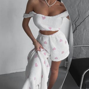 Cozy Women’s Terry Pajama Set 3 Piece Soft Plush Loungewear with Hearts, Warm Winter Sleepwear, Cute Home Outfit, Gift for Her