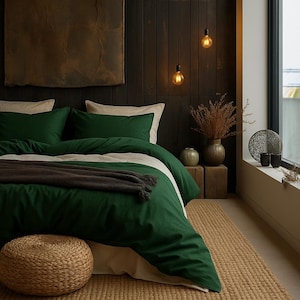 Smaragdgrüner Bettwäsche-Set, moderne Baumwollbettwäsche mit Kissenbezügen, minimalistisches Schlafzimmerdekor, weicher Trösterbezug Queen King Size Geschenk