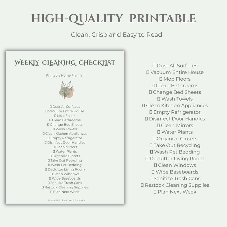 Weekly Cleaning Checklist Printable, House Cleaning Planner, Home ...