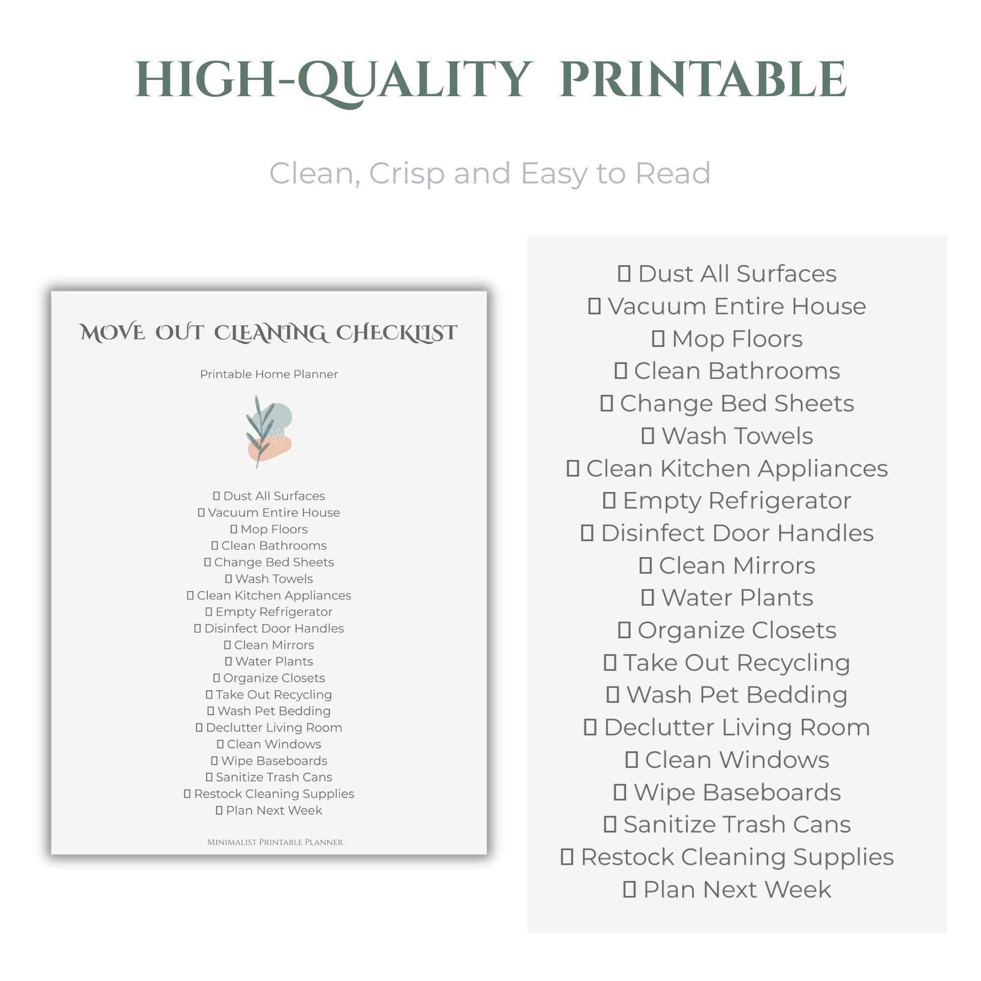 Move Out Cleaning Checklist Printable, End of Lease Cleaning Planner ...