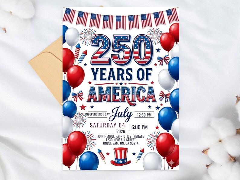 Festive 4th of July 2026 invitation titled 250 Years of America. The design features red, white, and blue balloons, fireworks, American flag bunting, and a patriotic top hat. Text includes Saturday July 04 2026, Independence Day, and event details. The number 250 is displayed in large, bold patriotic-themed font at the top against a white background.