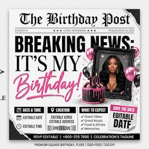 Silver Pink Newspaper Birthday Invitation, Digital Glam Party Evite, Editable Social Media Flyer Template, Modern Birthday Dinner Invite