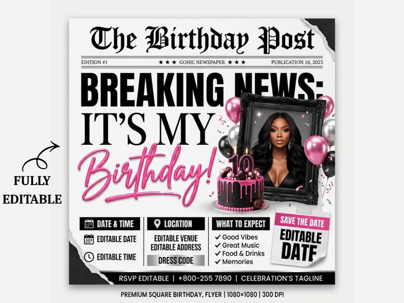 Silver Pink Newspaper Birthday Invitation, Digital Glam Party Evite, Editable Social Media Flyer Template, Modern Birthday Dinner Invite