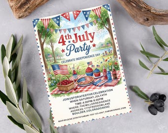 4th of July Party Invitation, Editable Independence Day Invite, Watercolor Picnic Flyer, Summer BBQ Invitation, Patriotic Backyard Party BBQ