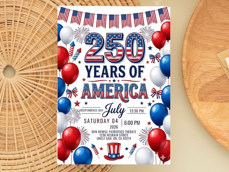 Festive 4th of July 2026 invitation titled 250 Years of America. The design features red, white, and blue balloons, fireworks, American flag bunting, and a patriotic top hat. Text includes Saturday July 04 2026, Independence Day, and event details. The number 250 is displayed in large, bold patriotic-themed font at the top against a white background.