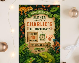 Reptile Birthday Invitation, Hop Slither and Crawl Party, Watercolor Snake Lizard Alligator Frog, Any Age Birthday, Editable Canva Template