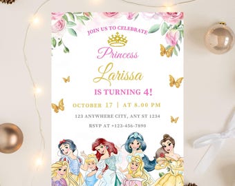 Invitación de cumpleaños de princesa en acuarela, invitación de princesa, invitación a fiesta de princesas, invitación de princesas niñas, pastel dorado, plantilla de Canva