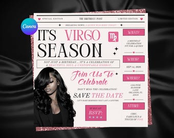 Virgo Birthday Newspaper Flyer Template, Custom Birthday Itinerary, Editable Canva Birthday Invitation, Digital Download