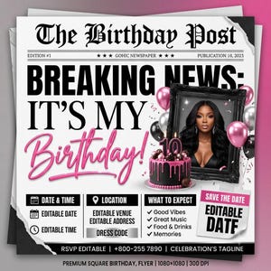 Silver Pink Newspaper Birthday Invitation, Digital Glam Party Evite, Editable Social Media Flyer Template, Modern Birthday Dinner Invite