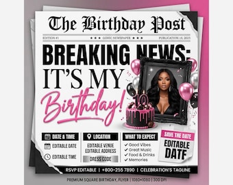 Silver Pink Newspaper Birthday Invitation, Digital Glam Party Evite, Editable Social Media Flyer Template, Modern Birthday Dinner Invite