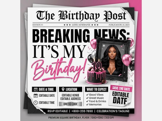 Silver Pink Newspaper Birthday Invitation, Digital Glam Party Evite, Editable Social Media Flyer Template, Modern Birthday Dinner Invite