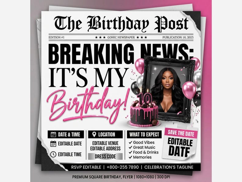 Silver Pink Newspaper Birthday Invitation, Digital Glam Party Evite, Editable Social Media Flyer Template, Modern Birthday Dinner Invite