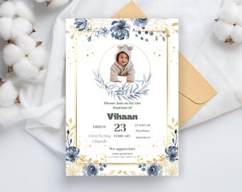 Customize Floral Baptism Invitation Template with Photo, Boy Christening Invite, Editable Gold Floral Baptism Announcement, Instant Download