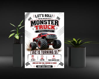 Monster Truck Birthday Invitation Template, Editable Boy Truck Party Invite, Dirt Truck Theme Canva 5x7, Instant Download Kids Birthday