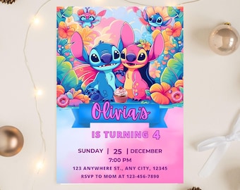 Stitch Birthday Invitation , Editable & Printable Template, Girls Party Invite, Canva Template, Digital Download