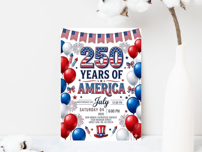 Festive 4th of July 2026 invitation titled 250 Years of America. The design features red, white, and blue balloons, fireworks, American flag bunting, and a patriotic top hat. Text includes Saturday July 04 2026, Independence Day, and event details. The number 250 is displayed in large, bold patriotic-themed font at the top against a white background.