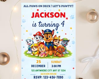 Plantilla de invitación de cumpleaños de Paw-ty, Puppy Patrol, descarga de Canva