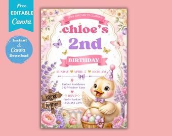 Editable Duck Birthday Invitation Girl, 2nd Birthday Invite Template, Cute Chick Party Invite, Printable Canva Baby Birthday Invite