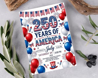 USA 250th Anniversary Invitation Template, July 4th 2026 Independence Day Party Flyer, Semiquincentennial Celebration, 250 Years of America