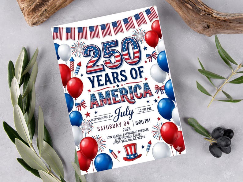 Festive 4th of July 2026 invitation titled 250 Years of America. The design features red, white, and blue balloons, fireworks, American flag bunting, and a patriotic top hat. Text includes Saturday July 04 2026, Independence Day, and event details. The number 250 is displayed in large, bold patriotic-themed font at the top against a white background.
