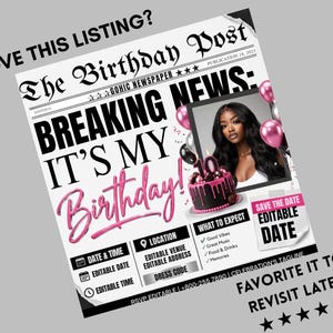 Silver Pink Newspaper Birthday Invitation, Digital Glam Party Evite, Editable Social Media Flyer Template, Modern Birthday Dinner Invite