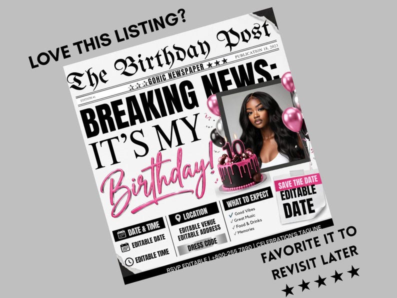 Silver Pink Newspaper Birthday Invitation, Digital Glam Party Evite, Editable Social Media Flyer Template, Modern Birthday Dinner Invite
