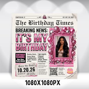Silver Pink Newspaper Birthday Invitation, Digital Glam Party Evite, Editable Social Media Flyer Template, Modern Birthday Dinner Invite